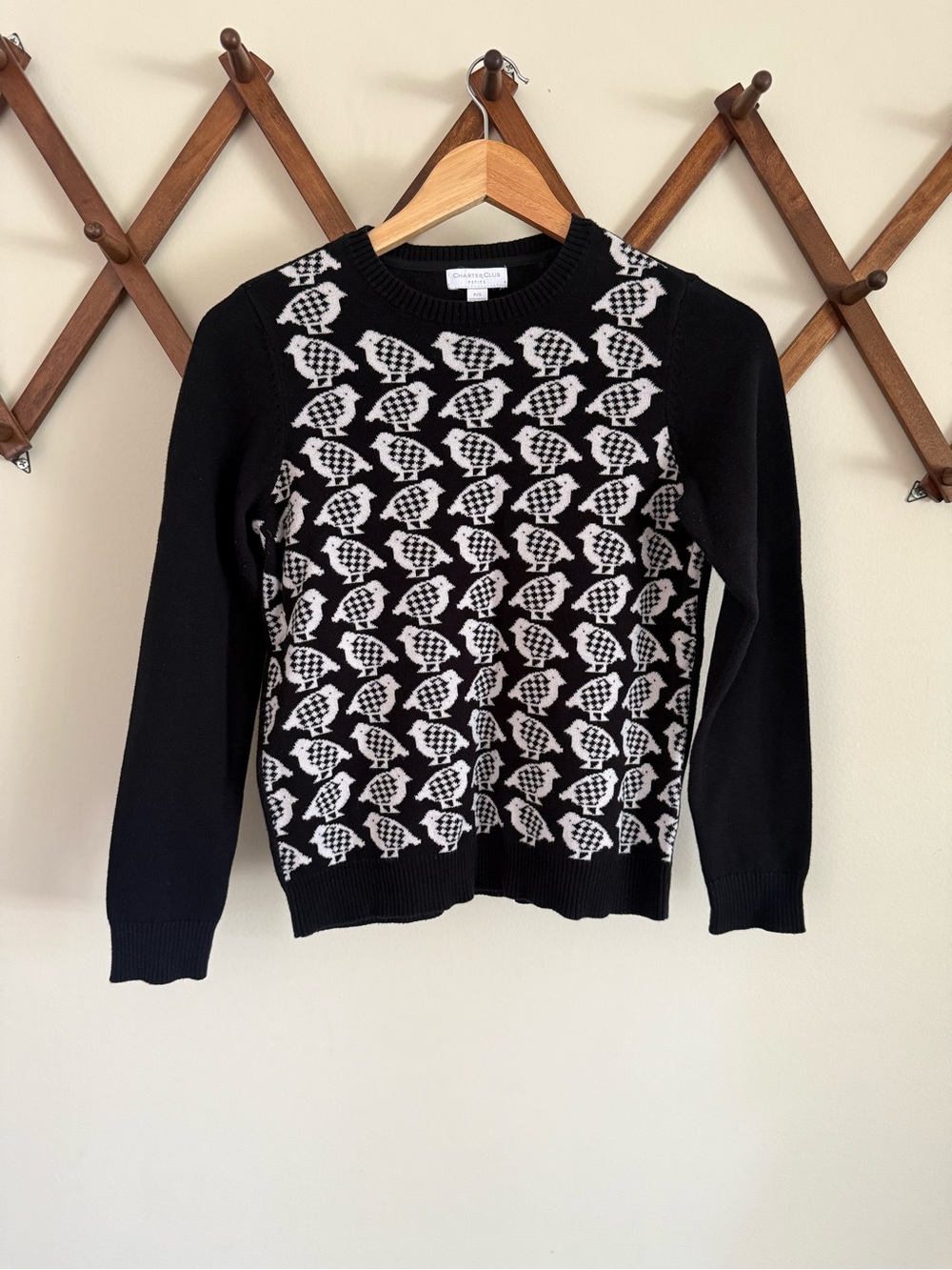 Charter Club Black and White Houndstooth Bird-Pattern Crewneck Sweater